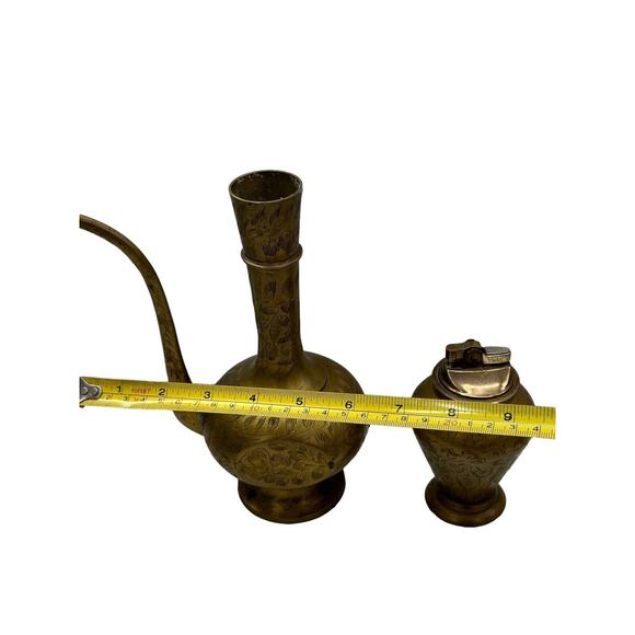 Antique Brass Table Lighter And Vase SET Etched Traditional Style - Picture 4 of 9